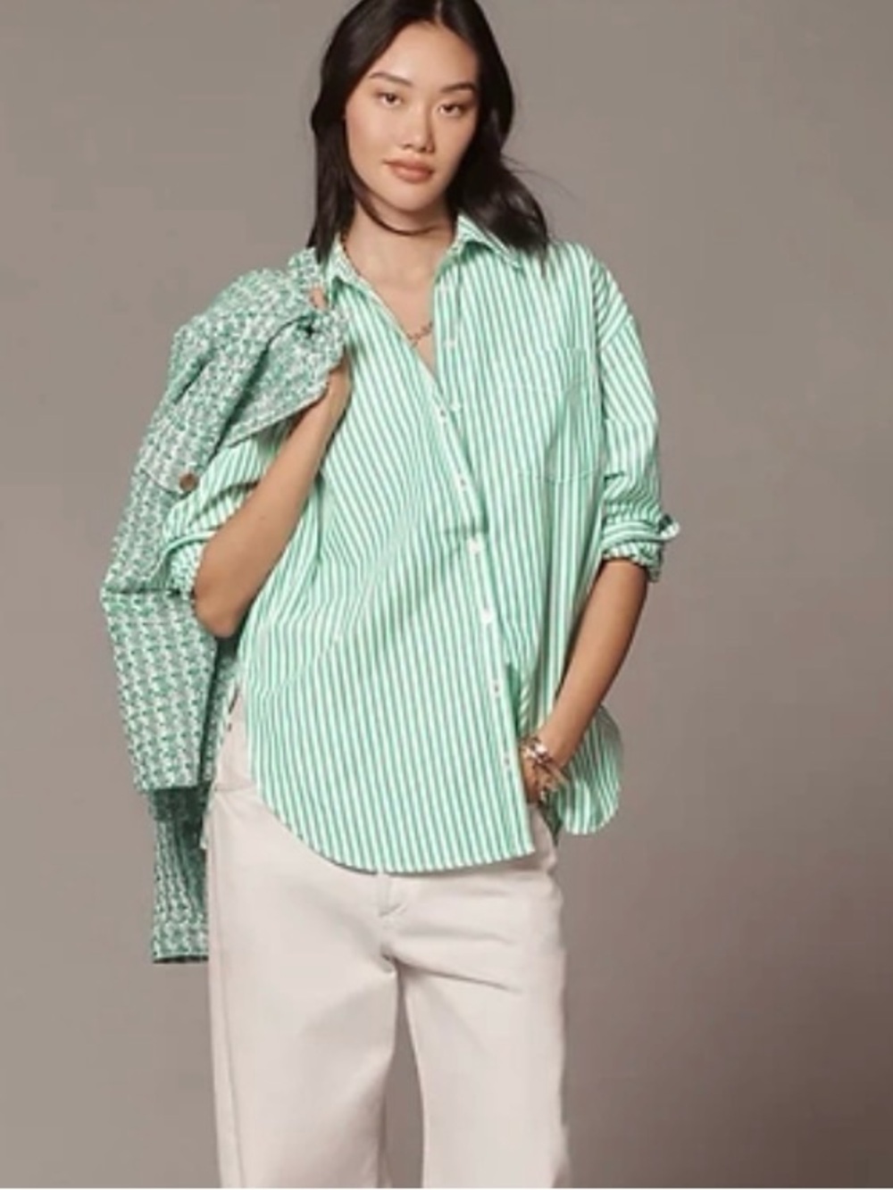 Maeve Mint Green & White Vertical Stripe Button-Up Blouse
